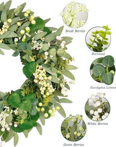Vlorart 22 Inch Artificial Spring Summer Christmas Greenery Wreaths for Front Door Green Eucalyptus Leaf Wreath Decor Boxwood with Big Berries for Outside Year Round in Saudi Arabia