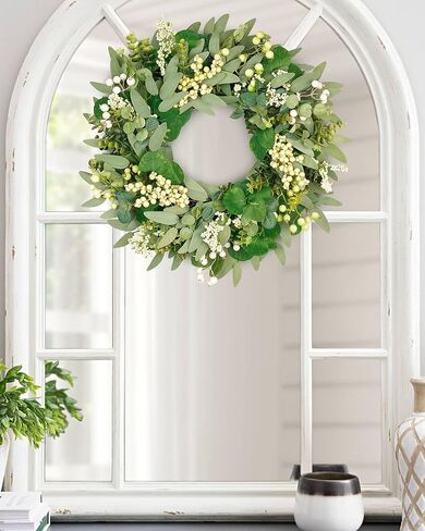 Vlorart 22 Inch Artificial Spring Summer Christmas Greenery Wreaths for Front Door Green Eucalyptus Leaf Wreath Decor Boxwood with Big Berries for Outside Year Round in Saudi Arabia