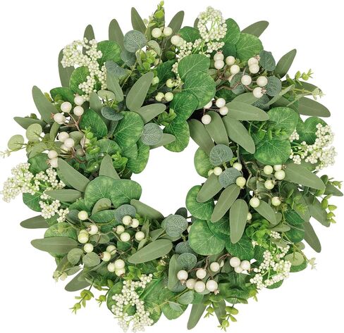 Vlorart 22 Inch Artificial Spring Summer Christmas Greenery Wreaths for Front Door Green Eucalyptus Leaf Wreath Decor Boxwood with Big Berries for Outside Year Round in Saudi Arabia