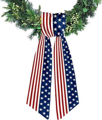 Patriotic Wreath Sash for Front Door Red White Stripe Wreaths Satin Sash Wave Star Garland Ribbon Accessories for Wreath Yard Doorway Indoor Outdoor Bow 4th of July Home Decor,5.1 x 54.3 in Saudi Arabia