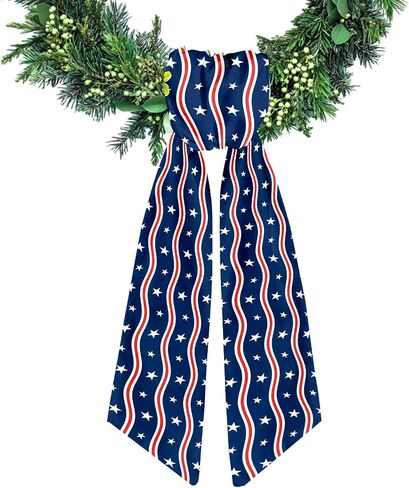 Patriotic Wreath Sash for Front Door Red White Stripe Wreaths Satin Sash Wave Star Garland Ribbon Accessories for Wreath Yard Doorway Indoor Outdoor Bow 4th of July Home Decor,5.1 x 54.3 in Kuwait
