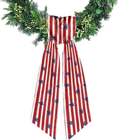 Patriotic Wreath Sash for Front Door Red White Stripe Wreaths Satin Sash Wave Star Garland Ribbon Accessories for Wreath Yard Doorway Indoor Outdoor Bow 4th of July Home Decor,5.1 x 54.3 in Kuwait