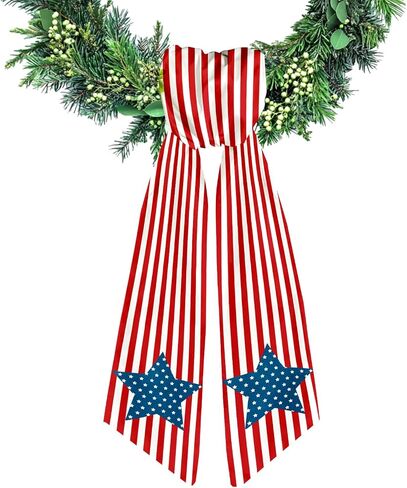 Patriotic Wreath Sash for Front Door Red White Stripe Wreaths Satin Sash Wave Star Garland Ribbon Accessories for Wreath Yard Doorway Indoor Outdoor Bow 4th of July Home Decor,5.1 x 54.3 in Kuwait