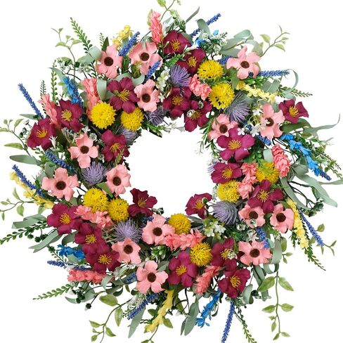 22 Inches Artificial Floral Wreath for Front Door Colorful Daisy and Green Leaves Wreath for Spring/Summer Indoor Outdoor Farmhouse Decor in Saudi Arabia
