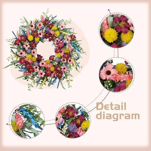 22 Inches Artificial Floral Wreath for Front Door Colorful Daisy and Green Leaves Wreath for Spring/Summer Indoor Outdoor Farmhouse Decor in Saudi Arabia