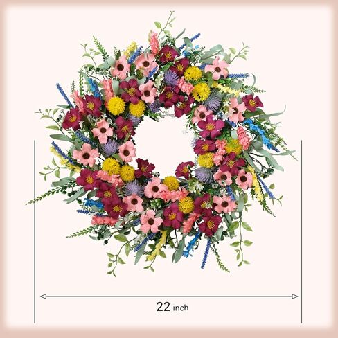 22 Inches Artificial Floral Wreath for Front Door Colorful Daisy and Green Leaves Wreath for Spring/Summer Indoor Outdoor Farmhouse Decor in Saudi Arabia