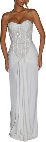 Women Sexy Strapless Prom Maxi Dress Sparkly Sequin Long Dresses Ruched Tie Waist Party Formal Evening Gown in Saudi Arabia