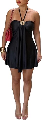 Women's Satin Halter Mini Dress Backless Ruched Bust Flowy A Line Sundress for Summer Cocktail Party Beach Vacation in Kuwait