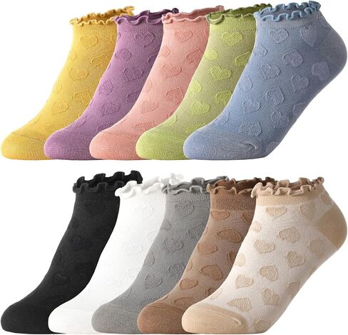 10 Pairs Women‘s Ruffle Ankle Socks Vintage Heart Pattern Knit Socks Breathable Casual Cotton Low Cut Sock in Saudi Arabia