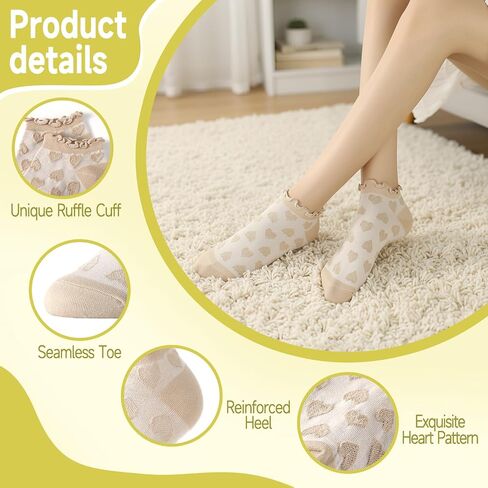 10 Pairs Women‘s Ruffle Ankle Socks Vintage Heart Pattern Knit Socks Breathable Casual Cotton Low Cut Sock in Saudi Arabia