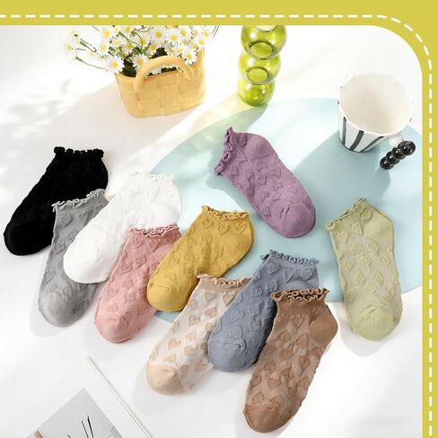 10 Pairs Women‘s Ruffle Ankle Socks Vintage Heart Pattern Knit Socks Breathable Casual Cotton Low Cut Sock in Saudi Arabia
