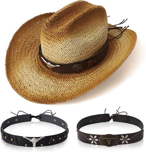 Straw Cowboy Hat with Two Hat Bands, Wide Brim Western Cowgirl Hat for Men and Women, Summer Beach Sun Hat in Kuwait