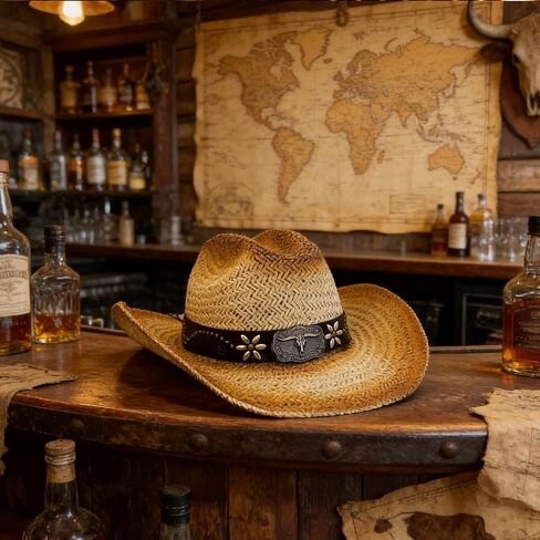 Straw Cowboy Hat with Two Hat Bands, Wide Brim Western Cowgirl Hat for Men and Women, Summer Beach Sun Hat in Kuwait