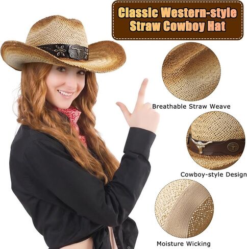 Straw Cowboy Hat with Two Hat Bands, Wide Brim Western Cowgirl Hat for Men and Women, Summer Beach Sun Hat in Kuwait