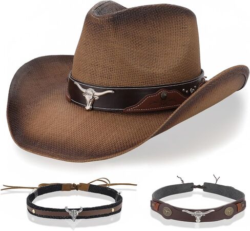 Straw Cowboy Hat with Two Hat Bands, Wide Brim Western Cowgirl Hat for Men and Women, Summer Beach Sun Hat in Kuwait