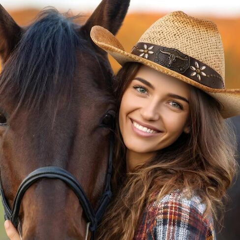 Straw Cowboy Hat with Two Hat Bands, Wide Brim Western Cowgirl Hat for Men and Women, Summer Beach Sun Hat in Kuwait