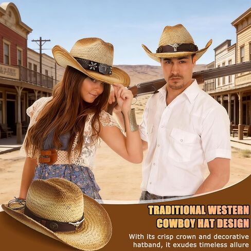 Straw Cowboy Hat with Two Hat Bands, Wide Brim Western Cowgirl Hat for Men and Women, Summer Beach Sun Hat in Kuwait
