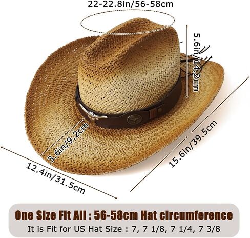 Straw Cowboy Hat with Two Hat Bands, Wide Brim Western Cowgirl Hat for Men and Women, Summer Beach Sun Hat in Kuwait