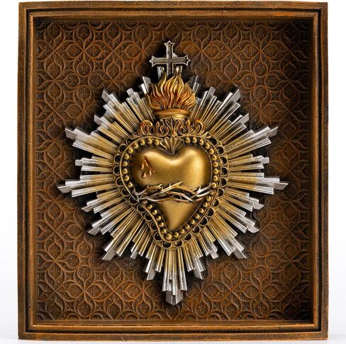 DevotedWalls Sacred Heart of Jesus Framed Wall Decor, 7.2 Inch Antique Gold Finish Catholic Art, Flame Cross Thorns Home Altar Gift Religious Wall Art in Saudi Arabia
