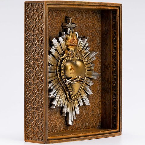 DevotedWalls Sacred Heart of Jesus Framed Wall Decor, 7.2 Inch Antique Gold Finish Catholic Art, Flame Cross Thorns Home Altar Gift Religious Wall Art in Saudi Arabia