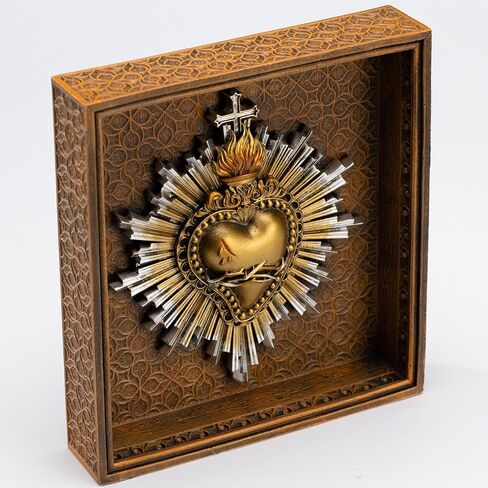 DevotedWalls Sacred Heart of Jesus Framed Wall Decor, 7.2 Inch Antique Gold Finish Catholic Art, Flame Cross Thorns Home Altar Gift Religious Wall Art in Saudi Arabia