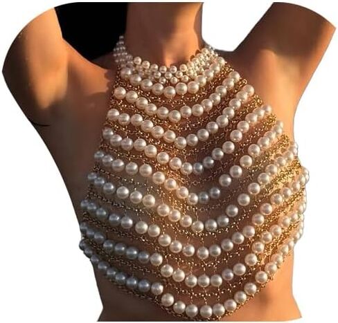 Sexy Big Pearl Vest Chest Chain Summer Beach Multi-layered Beaded Top Bra Chain Festival Rave Gold Pearl Bralette Body Jewelry for Women Outfit in Kuwait