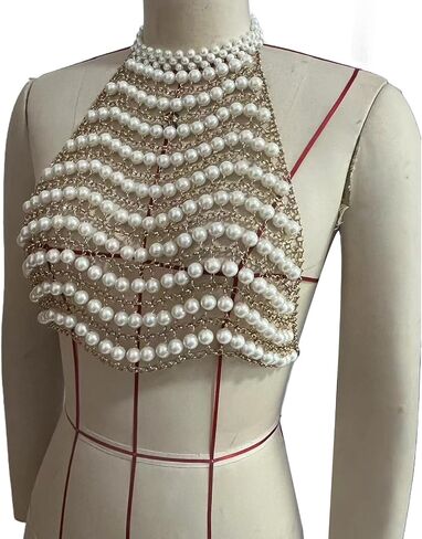 Sexy Big Pearl Vest Chest Chain Summer Beach Multi-layered Beaded Top Bra Chain Festival Rave Gold Pearl Bralette Body Jewelry for Women Outfit in Kuwait