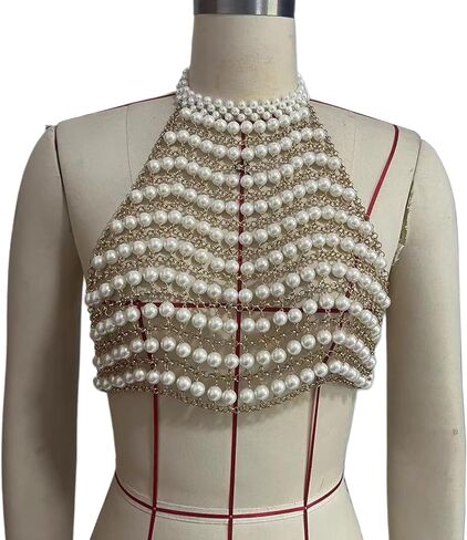 Sexy Big Pearl Vest Chest Chain Summer Beach Multi-layered Beaded Top Bra Chain Festival Rave Gold Pearl Bralette Body Jewelry for Women Outfit in Kuwait