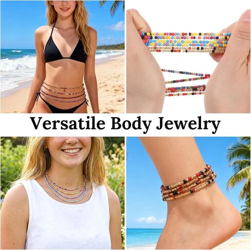20 PCS 50" Waist Beads for Women - Stretchy Belly Beads Chain, African Waist Chains, Body Jewelry, Elastic Bikini Chains, Summer Beach Accessories, Belly Dance, Festival, Boho, Multicolor in Saudi Arabia