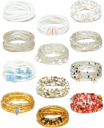 Tornito 12Pcs 50 Inch African Waist Beads Chains for Women Handmade Plus Size Belly Beads Butterfly Shell Heart Flower Starfish Layered Colorful Tie-on Body Chain Jewelry Accessories Non-Stretching in Kuwait