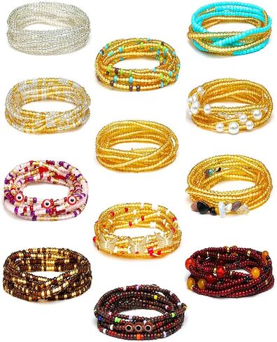 Tornito 12Pcs 50 Inch African Waist Beads Chains for Women Handmade Plus Size Belly Beads Butterfly Shell Heart Flower Starfish Layered Colorful Tie-on Body Chain Jewelry Accessories Non-Stretching in Kuwait