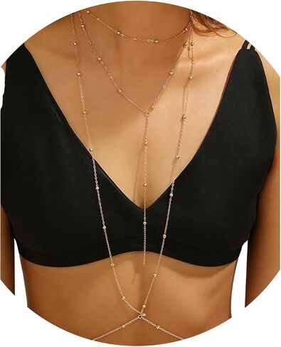 14K Gold Body Chain Jewelry for Women,Sexy Layered Belly Waist Chain Bikini Bra Chain,Adjustable Summer Beach Rhinestone Body Chain in Saudi Arabia