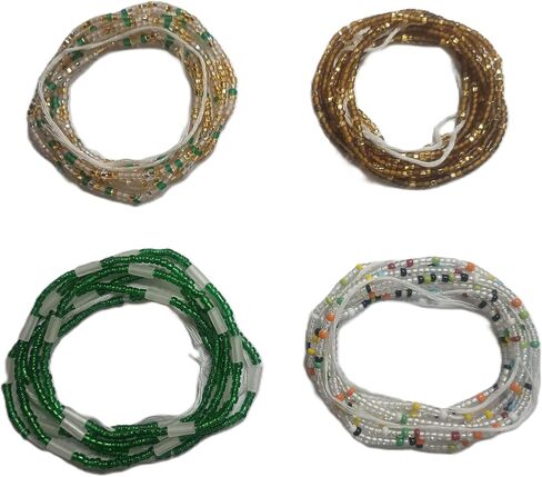 Handmade Tie-On African Waist Beads for Women, Colorful Green Brown Clear Glass Beads, 44 Inch, Non-Stretching, Layered Body Jewelry, 4 Pack in Saudi Arabia
