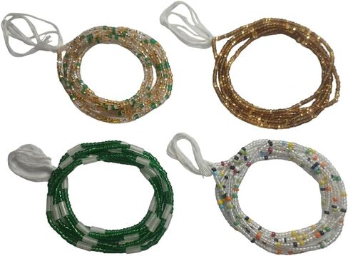 Handmade Tie-On African Waist Beads for Women, Colorful Green Brown Clear Glass Beads, 44 Inch, Non-Stretching, Layered Body Jewelry, 4 Pack in Saudi Arabia
