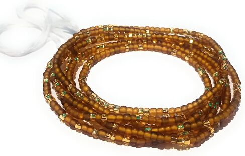 Handmade Tie-On African Waist Beads for Women, Colorful Green Brown Clear Glass Beads, 44 Inch, Non-Stretching, Layered Body Jewelry, 4 Pack in Saudi Arabia