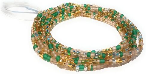 Handmade Tie-On African Waist Beads for Women, Colorful Green Brown Clear Glass Beads, 44 Inch, Non-Stretching, Layered Body Jewelry, 4 Pack in Saudi Arabia