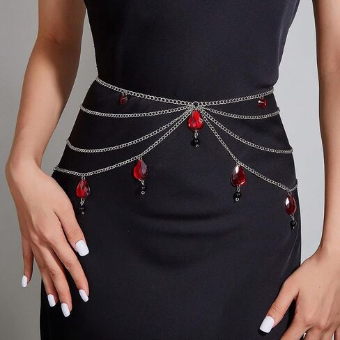 Gothic Crystal Tassel Waist Chain for Women White Red Crystal Waterdrop Chain Waist Chain Multilayered Punk Metal Waist Chain Goth Vampire Jewelry Christmas Halloween Wedding Party Daily Party Birthday Dress Costume Jewelry in Kuwait