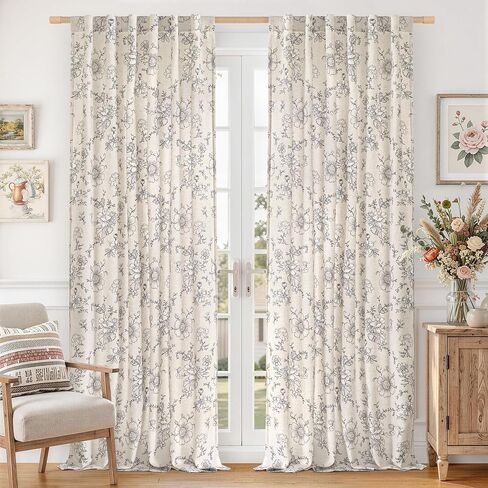 LAMIT Semi Sheer Floral Linen Curtains 84 Inch, Light Filtering Farmhouse Vintage Flower Drapes Back Tab and Rod Pocket Patterned Panels for Bedroom/Living Room, 2 Panels, 52 x 84 Inch,Black in Saudi Arabia