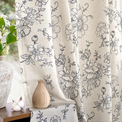 LAMIT Semi Sheer Floral Linen Curtains 84 Inch, Light Filtering Farmhouse Vintage Flower Drapes Back Tab and Rod Pocket Patterned Panels for Bedroom/Living Room, 2 Panels, 52 x 84 Inch,Black in Saudi Arabia