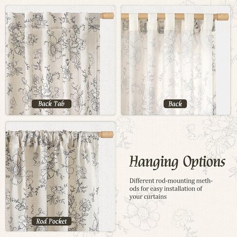 LAMIT Semi Sheer Floral Linen Curtains 84 Inch, Light Filtering Farmhouse Vintage Flower Drapes Back Tab and Rod Pocket Patterned Panels for Bedroom/Living Room, 2 Panels, 52 x 84 Inch,Black in Saudi Arabia