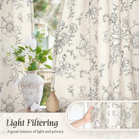 LAMIT Semi Sheer Floral Linen Curtains 84 Inch, Light Filtering Farmhouse Vintage Flower Drapes Back Tab and Rod Pocket Patterned Panels for Bedroom/Living Room, 2 Panels, 52 x 84 Inch,Black in Saudi Arabia