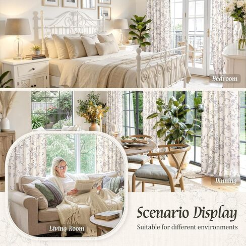 LAMIT Semi Sheer Floral Linen Curtains 84 Inch, Light Filtering Farmhouse Vintage Flower Drapes Back Tab and Rod Pocket Patterned Panels for Bedroom/Living Room, 2 Panels, 52 x 84 Inch,Black in Saudi Arabia