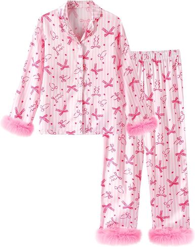 CARETOO Girls 2 Piece Pajamas Set Satin Sleepwear Long Sleeve Jammies for Kids Button-Down Nightwear Loungewear 4-12 Years in Saudi Arabia