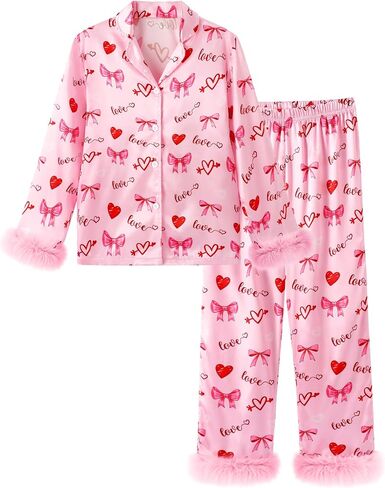 CARETOO Girls 2 Piece Pajamas Set Satin Sleepwear Long Sleeve Jammies for Kids Button-Down Nightwear Loungewear 4-12 Years in Saudi Arabia