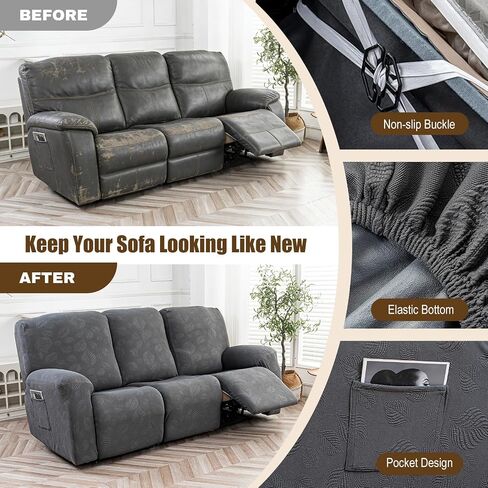 Gennia Recliner Sofa Covers 5 Pieces, Waterproof Sectional Couch Cover Stretch 3 Seat Reclining Couch Cover Soft Sofa Slipcover with Elastic Bottom Furniture Protector for Kis, Pets (Dark Gray) in Saudi Arabia
