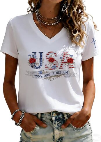 250th Anniversary USA Patriotic V-Neck T-Shirt for Women, Cotton 1776-2026 Tee, 4th of July Casual Tops in Saudi Arabia