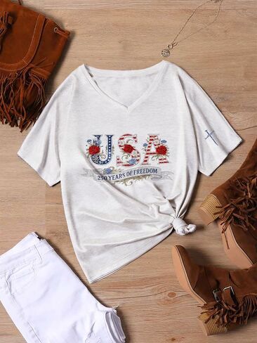 250th Anniversary USA Patriotic V-Neck T-Shirt for Women, Cotton 1776-2026 Tee, 4th of July Casual Tops in Saudi Arabia