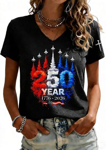 250th Anniversary USA Patriotic V-Neck T-Shirt for Women, Cotton 1776-2026 Tee, 4th of July Casual Tops in Saudi Arabia
