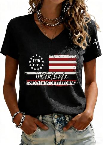 250th Anniversary USA Patriotic V-Neck T-Shirt for Women, Cotton 1776-2026 Tee, 4th of July Casual Tops in Saudi Arabia