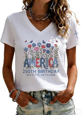 250th Anniversary USA Patriotic V-Neck T-Shirt for Women, Cotton 1776-2026 Tee, 4th of July Casual Tops in Saudi Arabia